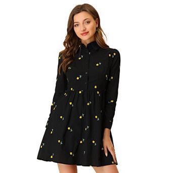 Women's Shirt Dress Embroidered Floral Long Sleeve Button Placket Mini Dresses