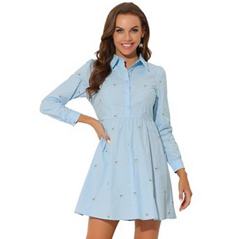Women's Shirt Dress Embroidered Floral Long Sleeve Button Placket Mini Dresses