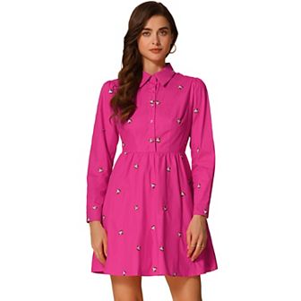 Women's Shirt Dress Embroidered Floral Long Sleeve Button Placket Mini Dresses