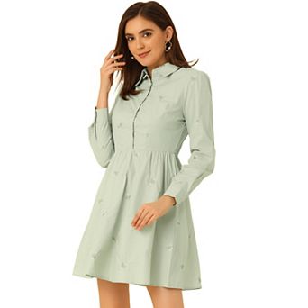 Women's Shirt Dress Embroidered Floral Long Sleeve Button Placket Mini Dresses