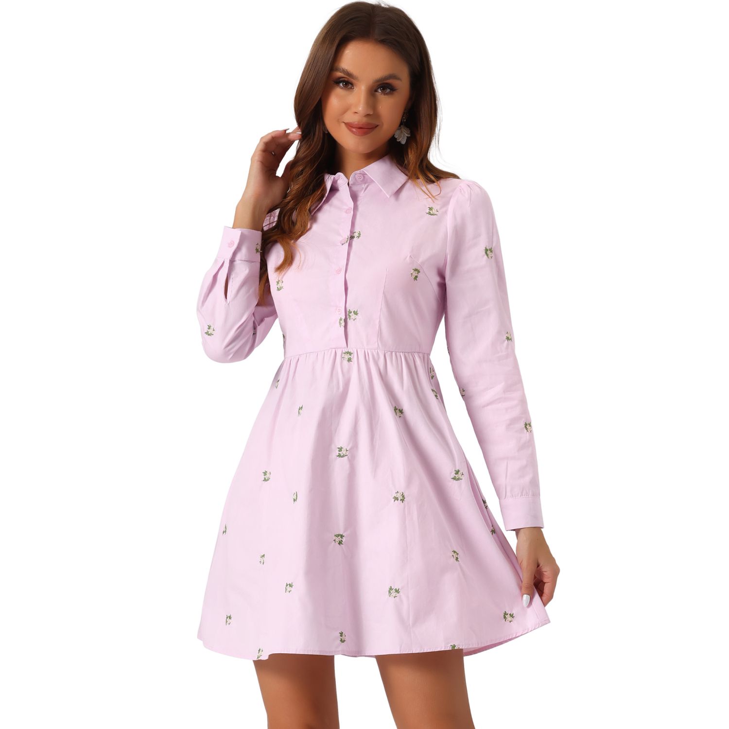 Женские платья Shirt Dress Embroidered Floral Long Sleeve Button Placket Mini Dresses