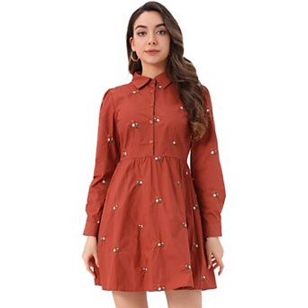 Women's Shirt Dress Embroidered Floral Long Sleeve Button Placket Mini Dresses