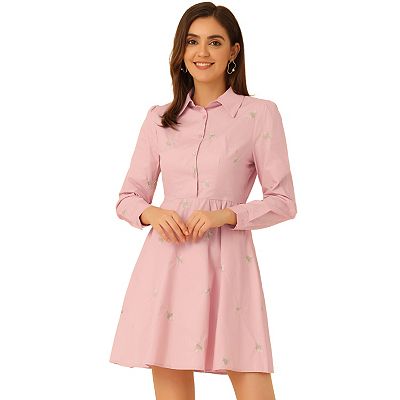 Casual Long Sleeve Half Placket Embroidered Floral Mini Shirt Dress, Light Purple / XS