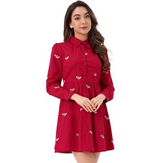 Women's Shirt Dress Embroidered Floral Long Sleeve Button Placket Mini Dresses