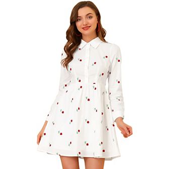 Women's Shirt Dress Embroidered Floral Long Sleeve Button Placket Mini Dresses