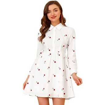 Women's Shirt Dress Embroidered Floral Long Sleeve Button Placket Mini Dresses