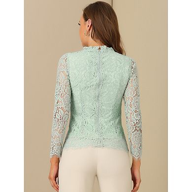 Women's Lace Top Long Sleeve Ruffle Neck Floral Blouse