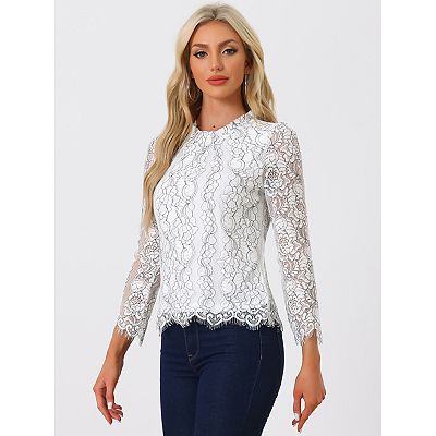 Women's Lace Top Long Sleeve Ruffle Neck Floral Blouse