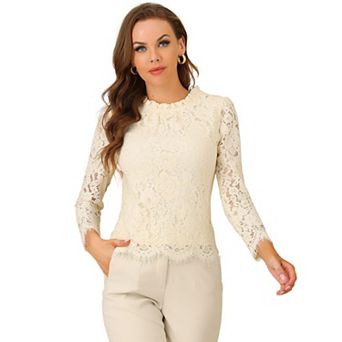 Women's Lace Top Long Sleeve Ruffle Neck Floral Blouse