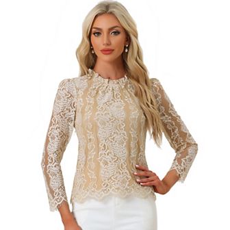 Women's Lace Top Long Sleeve Ruffle Neck Floral Blouse Beige X SMALL