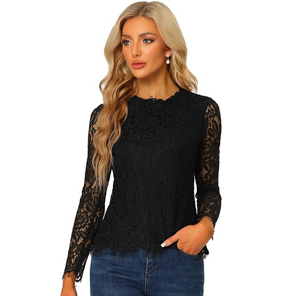 Women's Lace Top Long Sleeve Ruffle Neck Floral Blouse