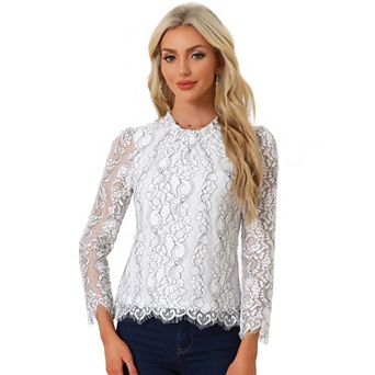 Women's Lace Top Long Sleeve Ruffle Neck Floral Blouse