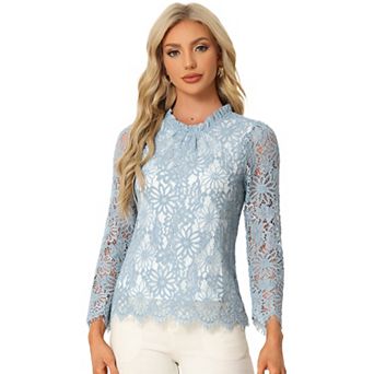 Women's Lace Top Long Sleeve Ruffle Neck Floral Blouse