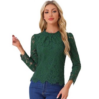 Women's Lace Top Long Sleeve Ruffle Neck Floral Blouse Beige X SMALL