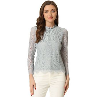 Women's Lace Top Long Sleeve Ruffle Neck Floral Blouse Beige X SMALL