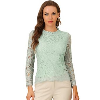 Women's Lace Top Long Sleeve Ruffle Neck Floral Blouse