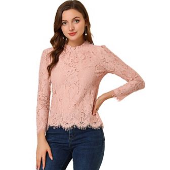 Women's Lace Top Long Sleeve Ruffle Neck Floral Blouse Beige X SMALL