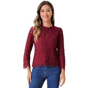 Women's Lace Top Long Sleeve Ruffle Neck Floral Blouse Beige X SMALL