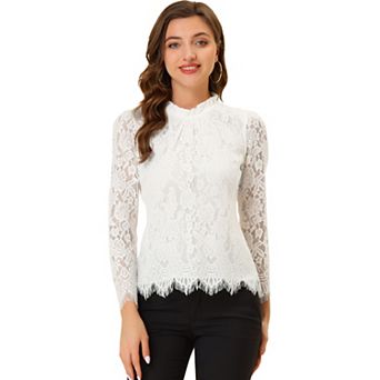 Women's Lace Top Long Sleeve Ruffle Neck Floral Blouse