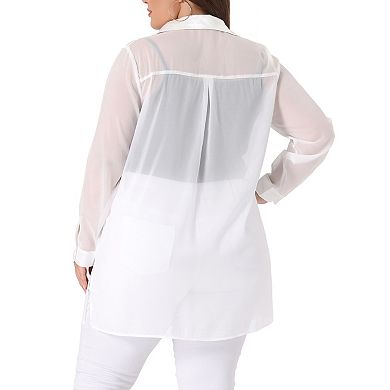 Plus Size Shirt For Women Long Sleeve Button Down Black Sheer Blouses Shirts