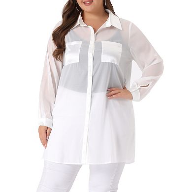 Plus Size Shirt For Women Long Sleeve Button Down Black Sheer Blouses Shirts