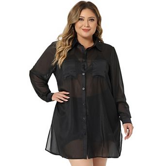Plus Size Shirt for Women Long Sleeve Button Down Black Sheer Blouses Shirts