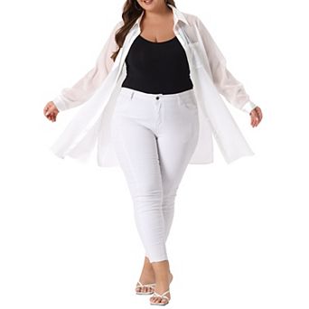 Plus Size Shirt for Women Long Sleeve Button Down Black Sheer Blouses Shirts