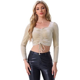 Velvet Drawstring Top For Women's Sweetheart Neck Long Sleeve Party Crop Top