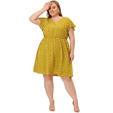 Women's Plus Size Summer V Neck Elastic Waist Casual Ditsy Floral Midi Shirt Dresses