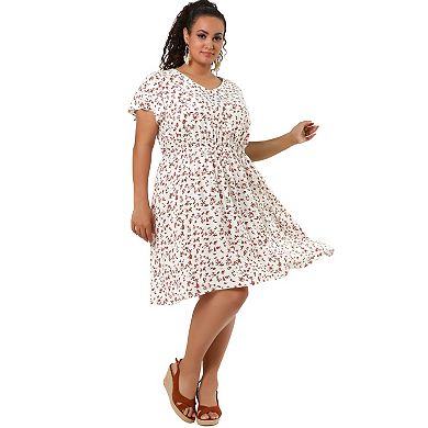 Women's Plus Size Summer V Neck Elastic Waist Casual Ditsy Floral Midi Shirt Dresses