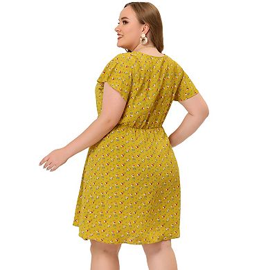 Women's Plus Size Summer V Neck Elastic Waist Casual Ditsy Floral Midi Shirt Dresses