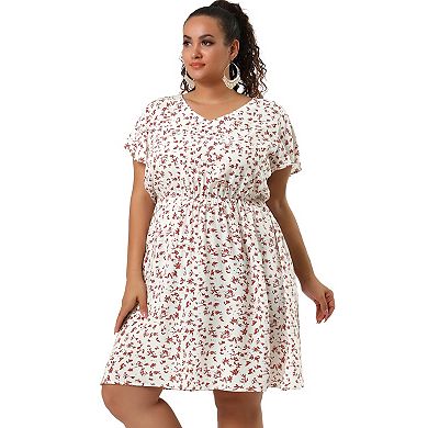 Women's Plus Size Summer V Neck Elastic Waist Casual Ditsy Floral Midi Shirt Dresses