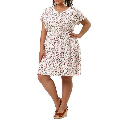 Women's Plus Size Summer V Neck Elastic Waist Casual Ditsy Floral Midi Shirt Dresses