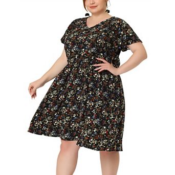 Women's Plus Size Summer V Neck Elastic Waist Casual Ditsy Floral Midi Shirt Dresses