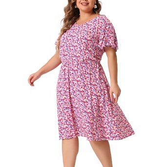 Women's Plus Size Summer V Neck Elastic Waist Casual Ditsy Floral Midi Shirt Dresses