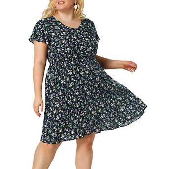 Women's Plus Size Summer V Neck Elastic Waist Casual Ditsy Floral Midi Shirt Dresses
