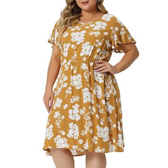 Women's Plus Size Summer V Neck Elastic Waist Casual Ditsy Floral Midi Shirt Dresses