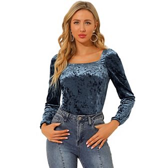 Women's Velvet Top Long Sleeve Square Neck Shirt