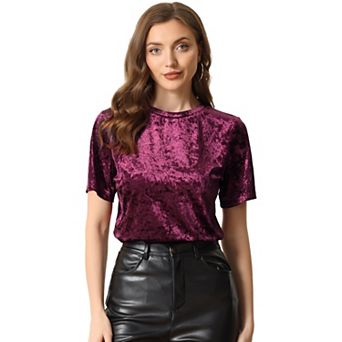Casual Velvet Top for Women's Solid Round Neck Short Sleeve T-Shirt
