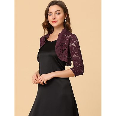 Women's Elegant Ruffle Collar Crop Cardigan Sheer Floral Lace Shrug Top
