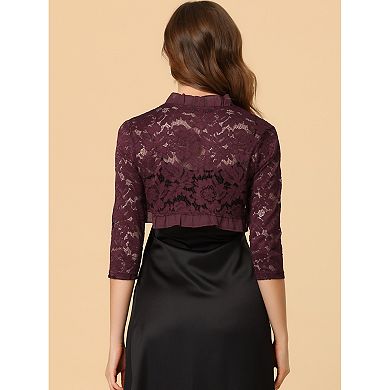 Women's Elegant Ruffle Collar Crop Cardigan Sheer Floral Lace Shrug Top