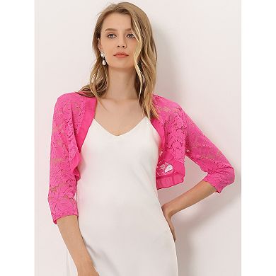 Women's Elegant Ruffle Collar Crop Cardigan Sheer Floral Lace Shrug Top