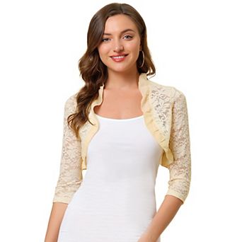 Women's Elegant Ruffle Collar Crop Cardigan Sheer Floral Lace Shrug Top