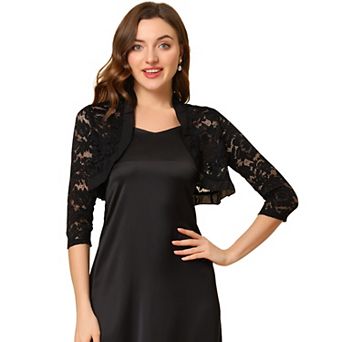 Women's Elegant Ruffle Collar Crop Cardigan Sheer Floral Lace Shrug Top