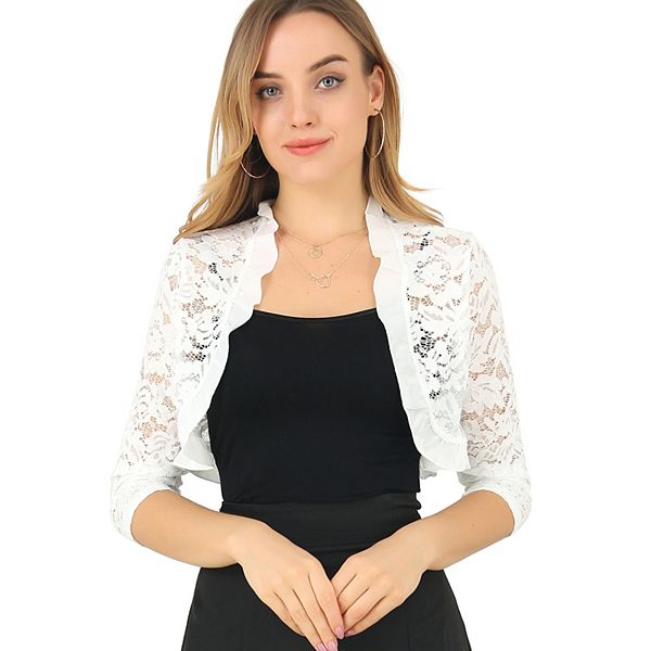 Women's Elegant Ruffle Collar Crop Cardigan Sheer Floral Lace Shrug Top