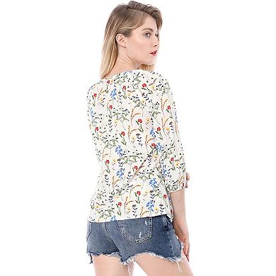Women's Bow Tie Neck 3/4 Raglan Sleeve Floral Blouse Tops