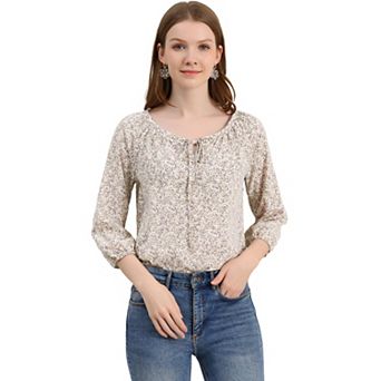 Women's Bow Tie Neck 3/4 Raglan Sleeve Floral Blouse Tops