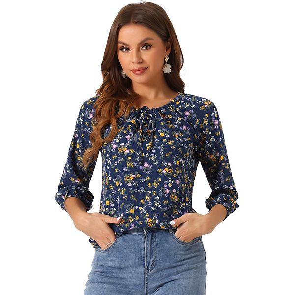 3/4 Raglan Sleeve Blouse With Ties  At Notch Neckline main image 1