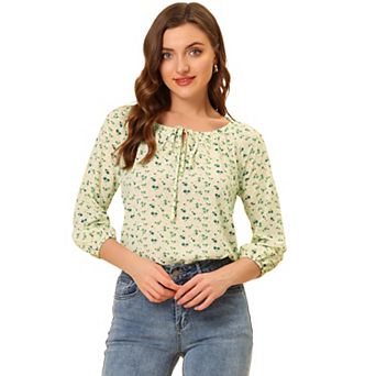 Women's Bow Tie Neck 3/4 Raglan Sleeve Floral Blouse Tops