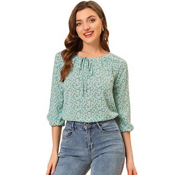 Women's Bow Tie Neck 3/4 Raglan Sleeve Floral Blouse Tops
